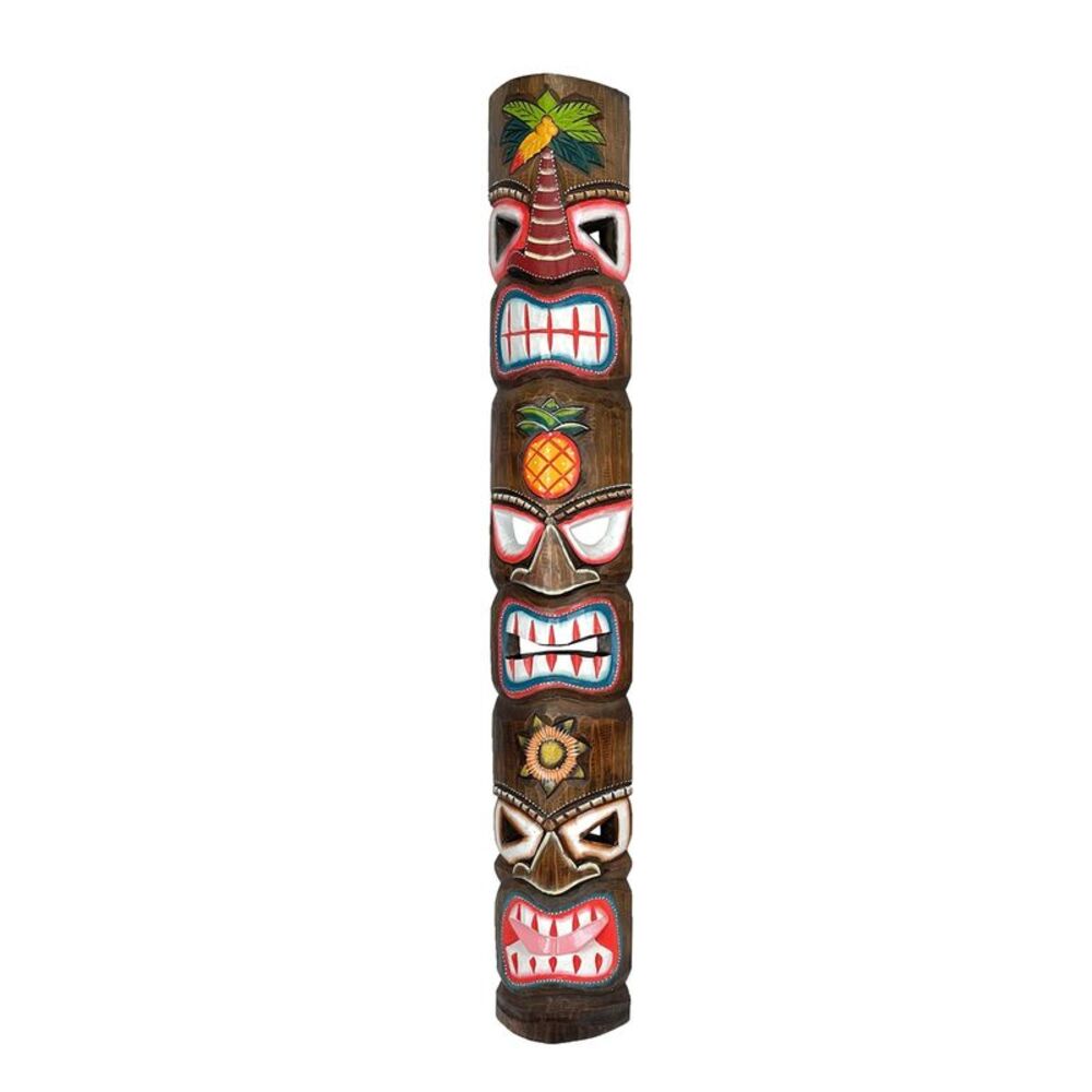 Triple-Faced Tiki Wall Sculpture Hand-Carved 39.5" Tall